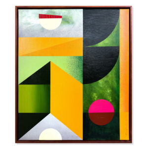 Pionowy obraz „Emerald Pulse” w drewnianej ramie teku. Abstrakcyjna, geometryczna kompozycja w odcieniach intensywnej zieleni i słonecznej żółci, przedstawiająca rytmiczne, pulsujące kształty.