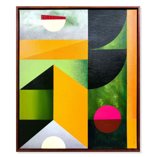 Pionowy obraz „Emerald Pulse” w drewnianej ramie teku. Abstrakcyjna, geometryczna kompozycja w odcieniach intensywnej zieleni i słonecznej żółci, przedstawiająca rytmiczne, pulsujące kształty.