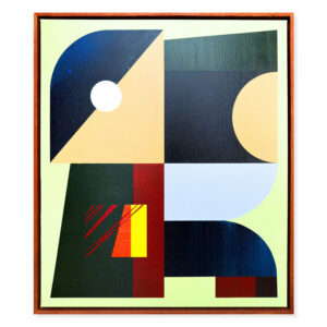 Minimalistyczna abstrakcja „Sage Wisdom”. Harmonijne połączenie szałwiowych barw i delikatnych przejść tonalnych w pionowym formacie, zamknięte w klasycznej drewnianej oprawie.