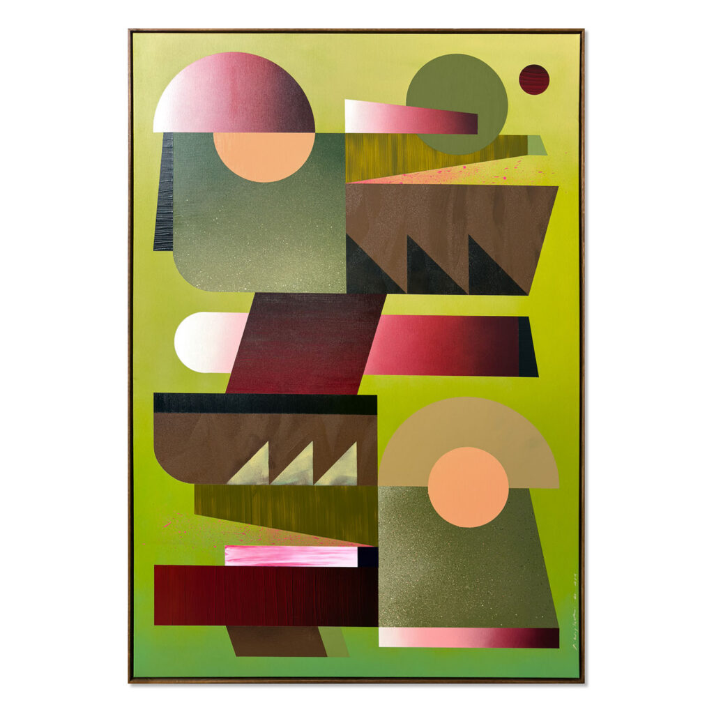 Croc Tango - duży, pionowy obraz abstrakcyjny 110 x 150 cm. Geometryczne formy, motyw krokodyli i bogata paleta zieleni. Wyrazisty akcent do nowoczesnego wnętrza.